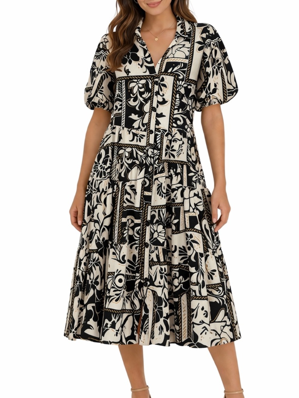 Cassee’s Boho Floral Tiered Button Front Midi Dress Puff Sleeve Size S